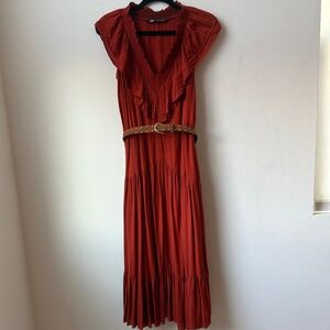Zara Maxi Dress with Belt, Size XS, Rust